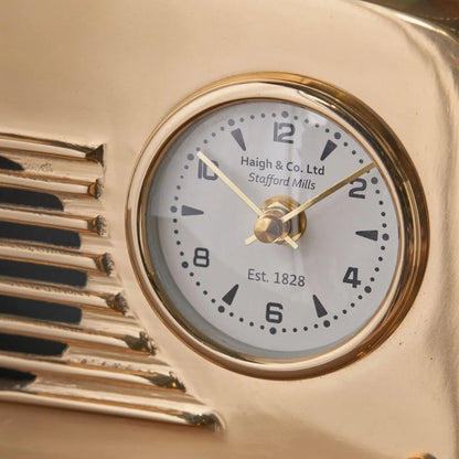 Gold Metal Retro Radio Style Table Clock with White Face Gold Hands Arabic Numerals & Leather Handle 24x16x5cm - Click Style