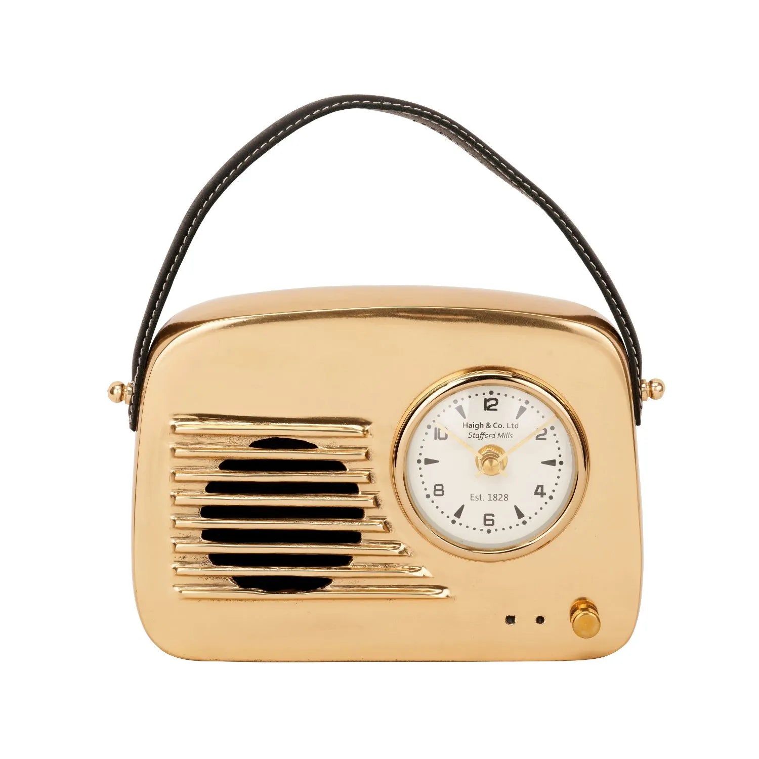 Gold Metal Retro Radio Style Table Clock with White Face Gold Hands Arabic Numerals & Leather Handle 24x16x5cm - Click Style