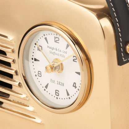 Gold Metal Retro Radio Style Table Clock with White Face Gold Hands Arabic Numerals & Leather Handle 24x16x5cm - Click Style