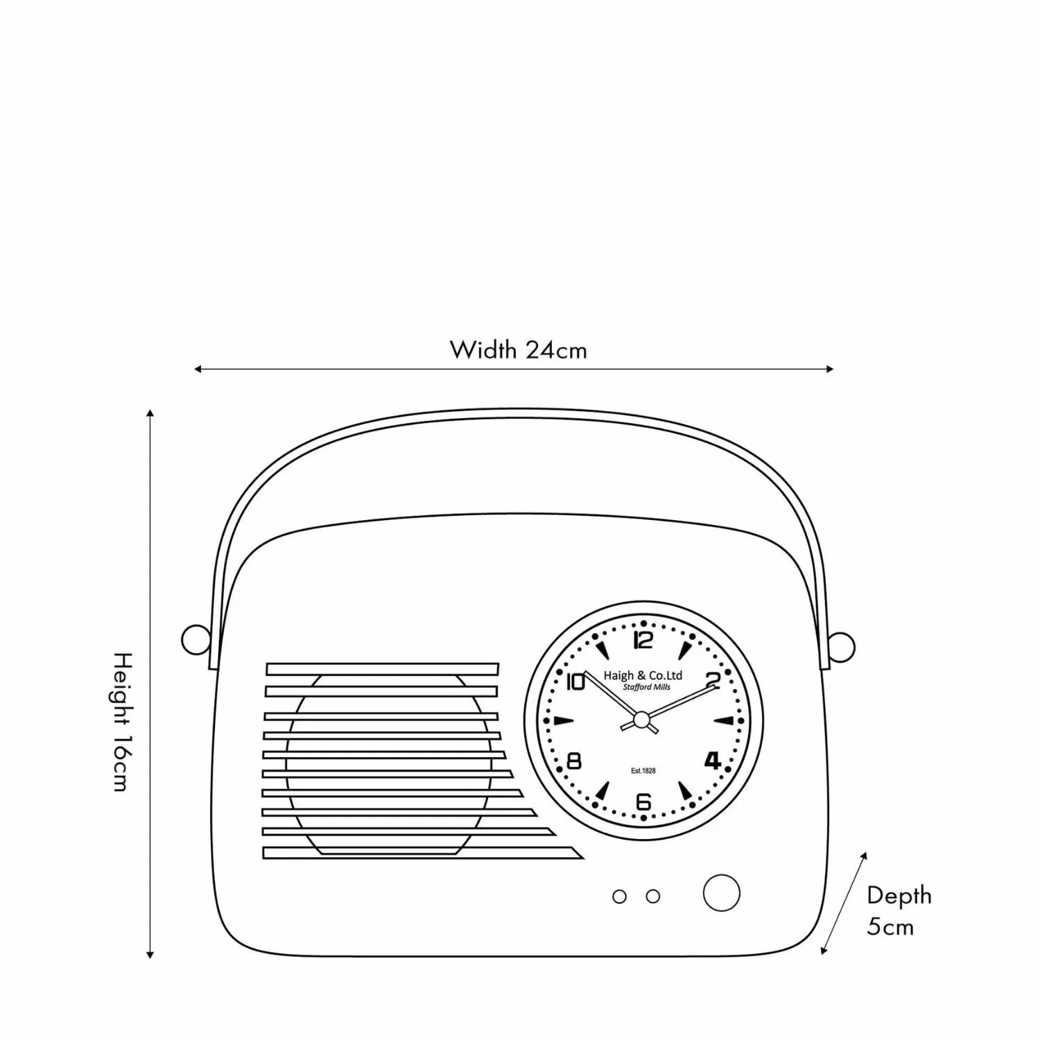 Gold Metal Retro Radio Style Table Clock with White Face Gold Hands Arabic Numerals & Leather Handle Dimensions 24x16x5cm - Click Style