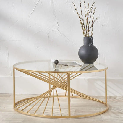 Gold Metal Wire Coffee Table with Glass Top – Modern Round Statement Table 35x80cm - Click Style