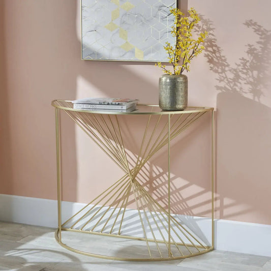 Gold Metal Wire Console Table with Glass Top – Modern Half-Moon Statement Table 80.5x100x40.5cm - Click Style