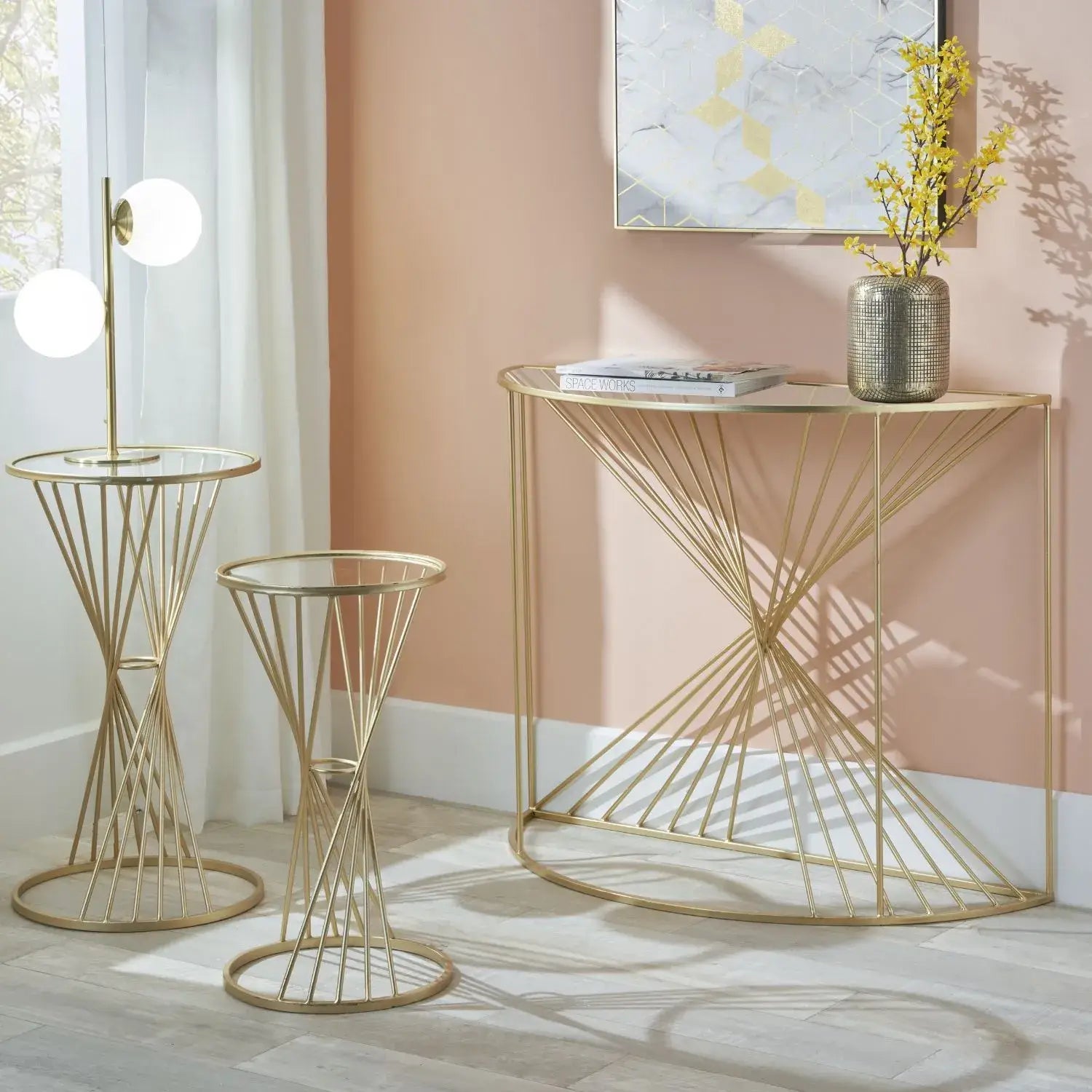 Gold Metal Wire Console Table with Glass Top – Modern Half-Moon Statement Table 80.5x100x40.5cm - Click Style