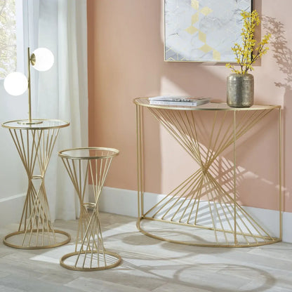 Gold Metal Wire Console Table with Glass Top – Modern Half-Moon Statement Table 80.5x100x40.5cm - Click Style