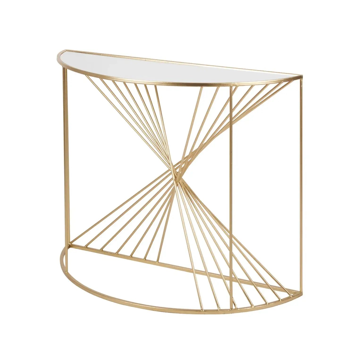 Gold Metal Wire Console Table with Glass Top – Modern Half-Moon Statement Table 80.5x100x40.5cm - Click Style