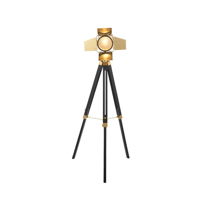 Gold Metal & Black Wood Tripod Film Floor Lamp with Barn Door Shutters – Adjustable Movie Floor-standing Spotlight 139x68cm - Click Style