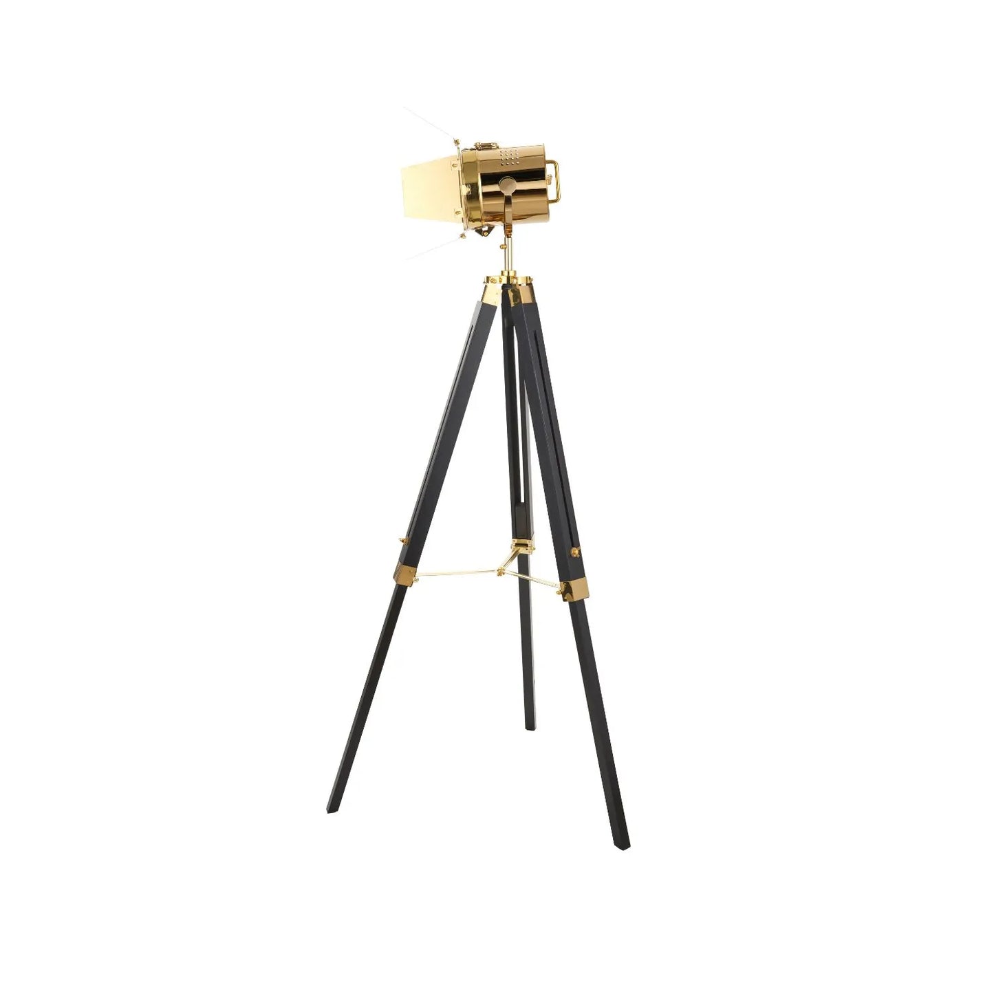 Gold Metal & Black Wood Tripod Film Floor Lamp with Barn Door Shutters – Adjustable Movie Floor-standing Spotlight 139x68cm - Click Style