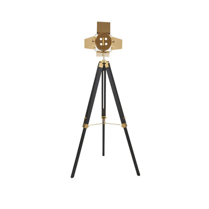 Gold Metal & Black Wood Tripod Film Floor Lamp with Barn Door Shutters – Adjustable Movie Floor-standing Spotlight 139x68cm - Click Style