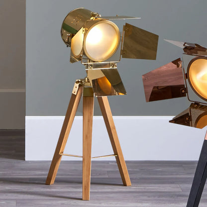 Gold Metal & Natural Wood Film Table Lamp with Barn Door Shutters - Adjustable Movie Table Spotlight 67x32cm - Click Style