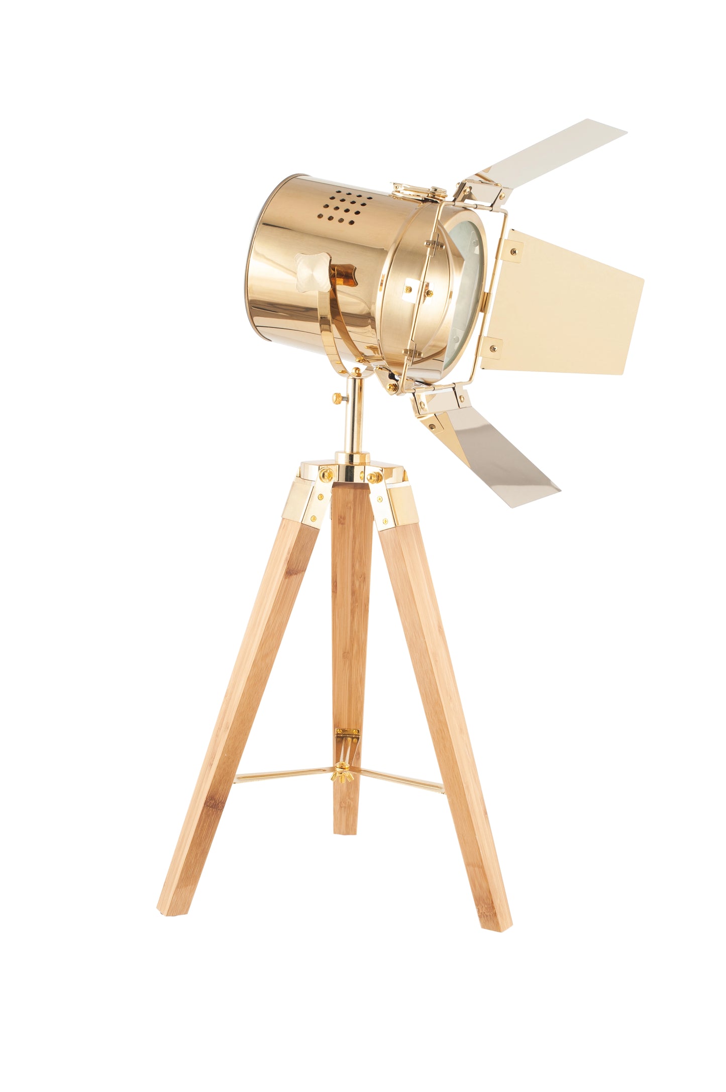 Gold Metal & Natural Wood Film Table Lamp with Barn Door Shutters - Adjustable Movie Table Spotlight 67x32cm - Click Style