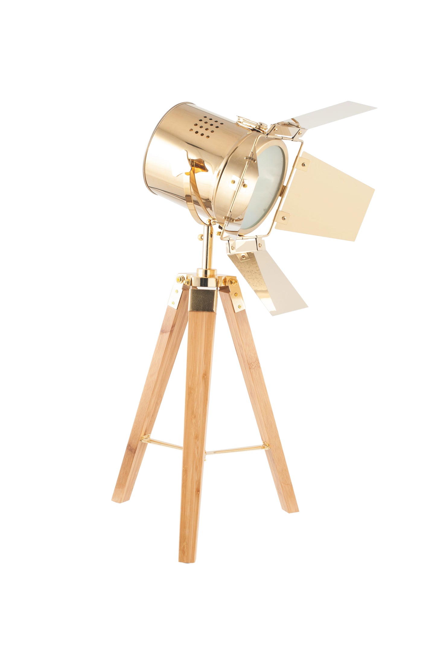 Gold Metal & Natural Wood Film Table Lamp with Barn Door Shutters - Adjustable Movie Table Spotlight 67x32cm - Click Style