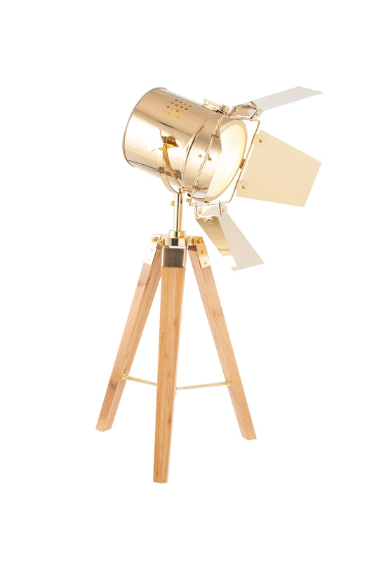 Gold Metal & Natural Wood Film Table Lamp with Barn Door Shutters - Adjustable Movie Table Spotlight 67x32cm - Click Style