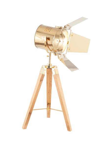 Gold Metal & Natural Wood Film Table Lamp with Barn Door Shutters - Adjustable Movie Table Spotlight 67x32cm - Click Style