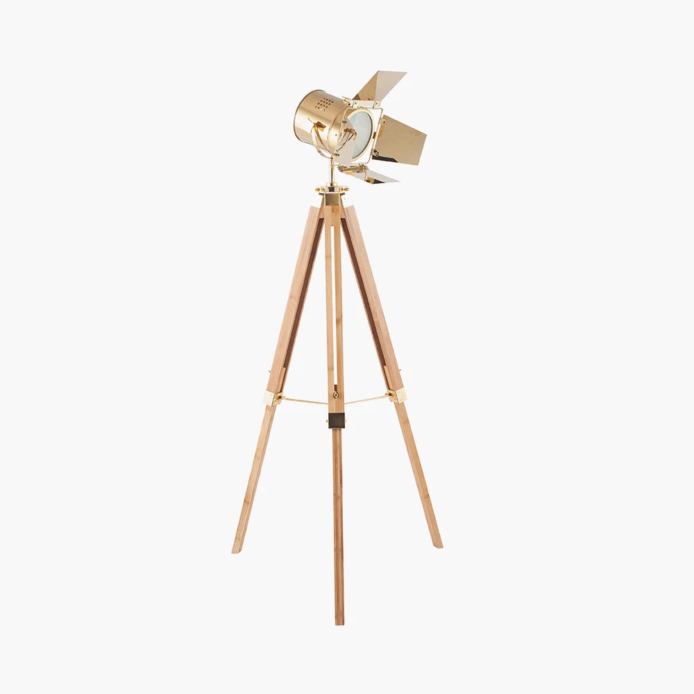 Gold Metal & Natural Wood Tripod Film Floor Lamp with Barn Door Shutters – Adjustable Movie Floor-standing Spotlight 139x68cm - Click Style