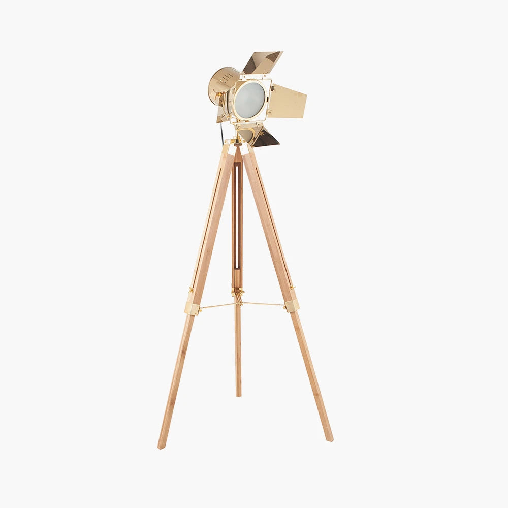 Gold Metal & Natural Wood Tripod Film Floor Lamp with Barn Door Shutters – Adjustable Movie Floor-standing Spotlight 139x68cm - Click Style