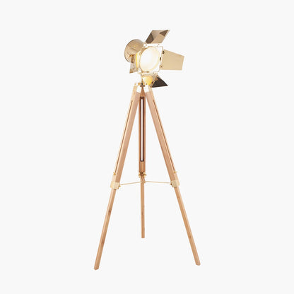 Gold Metal & Natural Wood Tripod Film Floor Lamp with Barn Door Shutters – Adjustable Movie Floor-standing Spotlight 139x68cm - Click Style