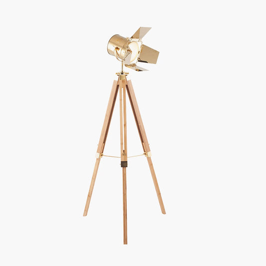 Gold Metal & Natural Wood Tripod Film Floor Lamp with Barn Door Shutters – Adjustable Movie Floor-standing Spotlight 139x68cm - Click Style