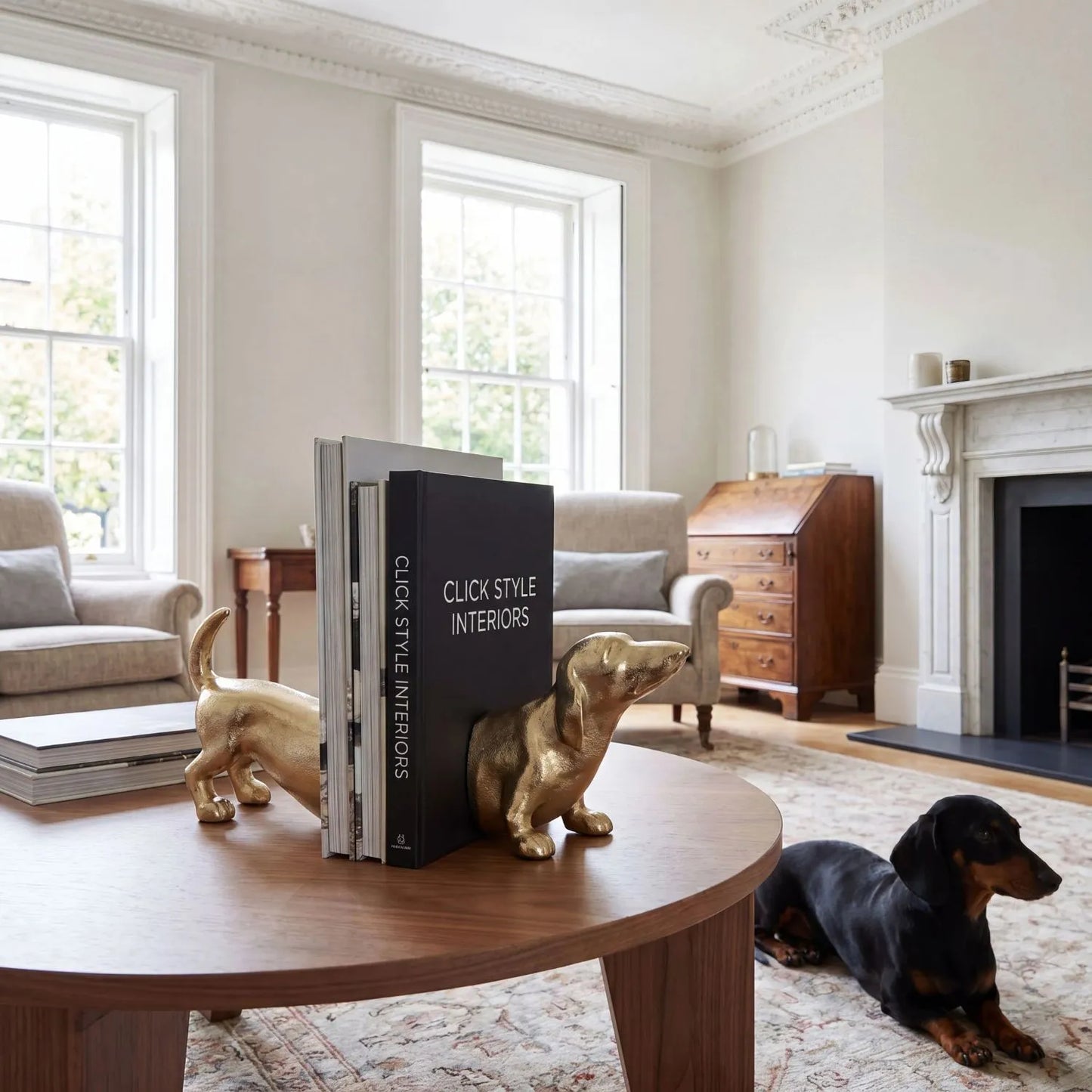 Gold Sausage Dog Bookends with Luxury Gold Finish Aluminium Dachshund Book Ends for Bookshelves Home Offices and Living Rooms | Click Style