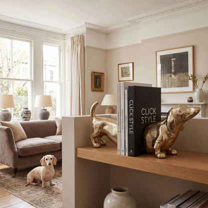 Gold Sausage Dog Bookends with Luxury Gold Finish Aluminium Dachshund Book Ends for Bookshelves Home Offices and Living Rooms | Click Style