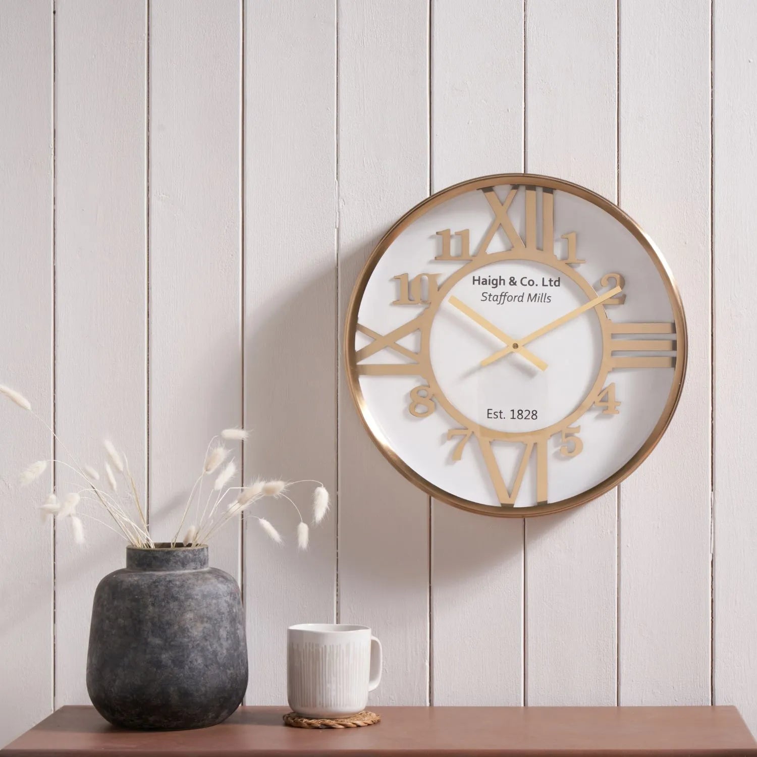 Gold & White Round Metal Wall Clock with Gold Hands Roman & Arabic Numerals 40x6cm - Click Style