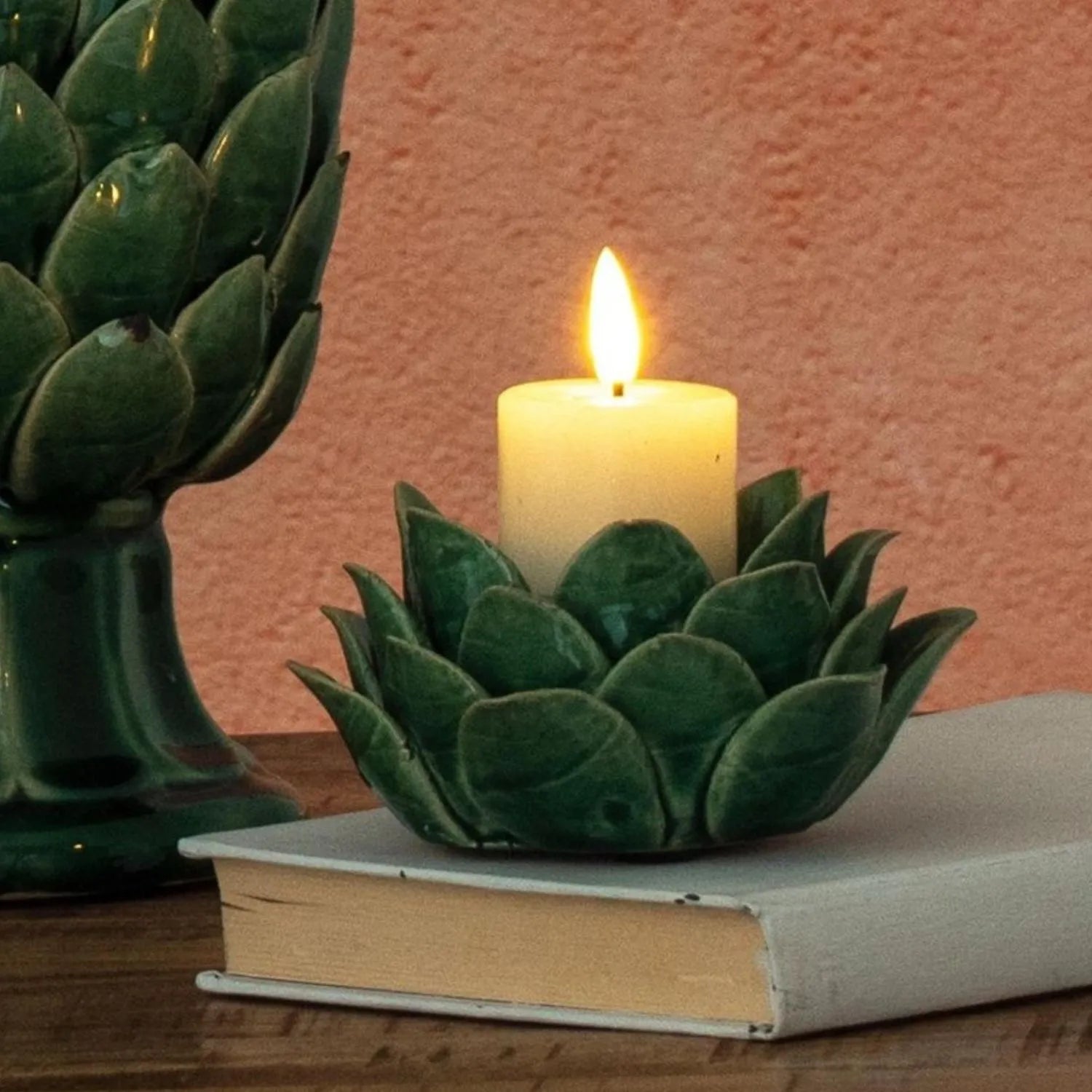 Green Ceramic Artichoke Tea Light Holder with Distressed Glaze -  Decorative Candle Holder 11x7cm  Click Style