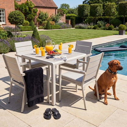 Grey & Cream 4-Seater Outdoor Garden Dining Set with Cushions – Powder-Coated Aluminium Table & Chairs with Polywood Top 75x90x90cm – Square Patio Dining Set, Outdoor Table and Chairs Set with Stackable Armchairs, Light Grey Putty Olefin Cushions, Weather-Resistant Powder-Coated Aluminium Frame and Ash Grey Polywood Top for Gardens, Terraces, Courtyards & Balconies | Click Style