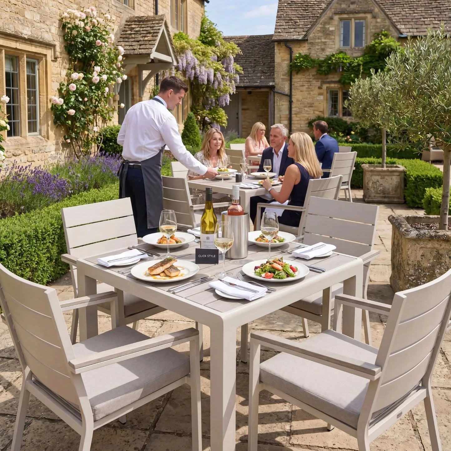 Grey & Cream 4-Seater Outdoor Garden Dining Set with Cushions – Powder-Coated Aluminium Table & Chairs with Polywood Top 75x90x90cm – Square Patio Dining Set, Outdoor Table and Chairs Set with Stackable Armchairs, Light Grey Putty Olefin Cushions, Weather-Resistant Powder-Coated Aluminium Frame and Ash Grey Polywood Top for Gardens, Terraces, Courtyards & Balconies | Click Style