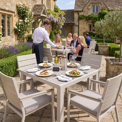 Grey & Cream 4-Seater Outdoor Garden Dining Set with Cushions – Powder-Coated Aluminium Table & Chairs with Polywood Top 75x90x90cm – Square Patio Dining Set, Outdoor Table and Chairs Set with Stackable Armchairs, Light Grey Putty Olefin Cushions, Weather-Resistant Powder-Coated Aluminium Frame and Ash Grey Polywood Top for Gardens, Terraces, Courtyards & Balconies | Click Style