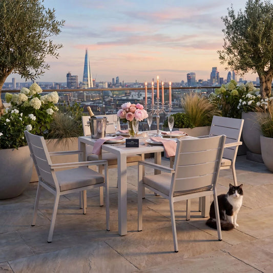 Grey & Cream 4-Seater Outdoor Garden Dining Set with Cushions – Powder-Coated Aluminium Table & Chairs with Polywood Top 75x90x90cm – Square Patio Dining Set, Outdoor Table and Chairs Set with Stackable Armchairs, Light Grey Putty Olefin Cushions, Weather-Resistant Powder-Coated Aluminium Frame and Ash Grey Polywood Top for Gardens, Terraces, Courtyards & Balconies | Click Style