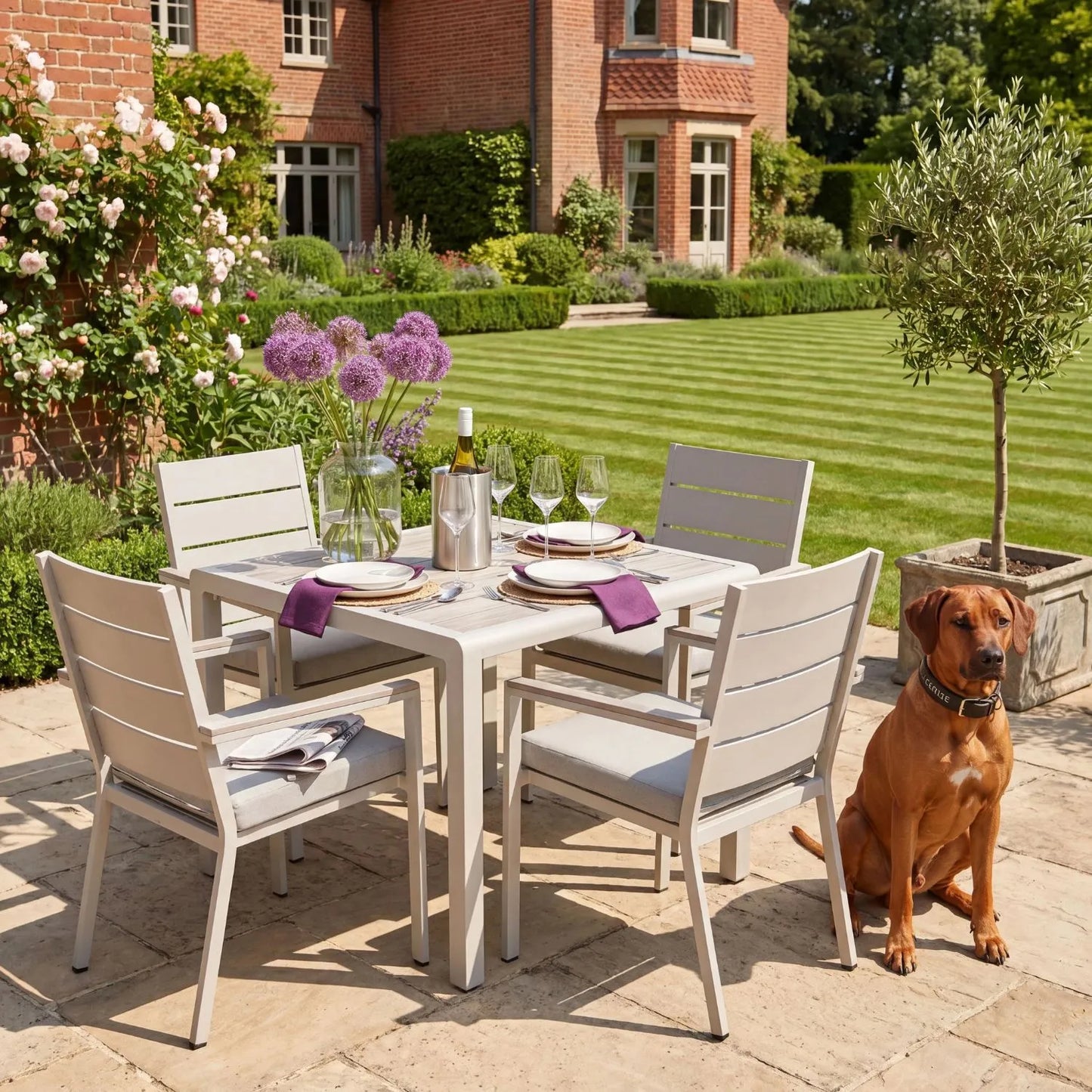 Grey & Cream 4-Seater Outdoor Garden Dining Set with Cushions – Powder-Coated Aluminium Table & Chairs with Polywood Top 75x90x90cm – Square Patio Dining Set, Outdoor Table and Chairs Set with Stackable Armchairs, Light Grey Putty Olefin Cushions, Weather-Resistant Powder-Coated Aluminium Frame and Ash Grey Polywood Top for Gardens, Terraces, Courtyards & Balconies | Click Style