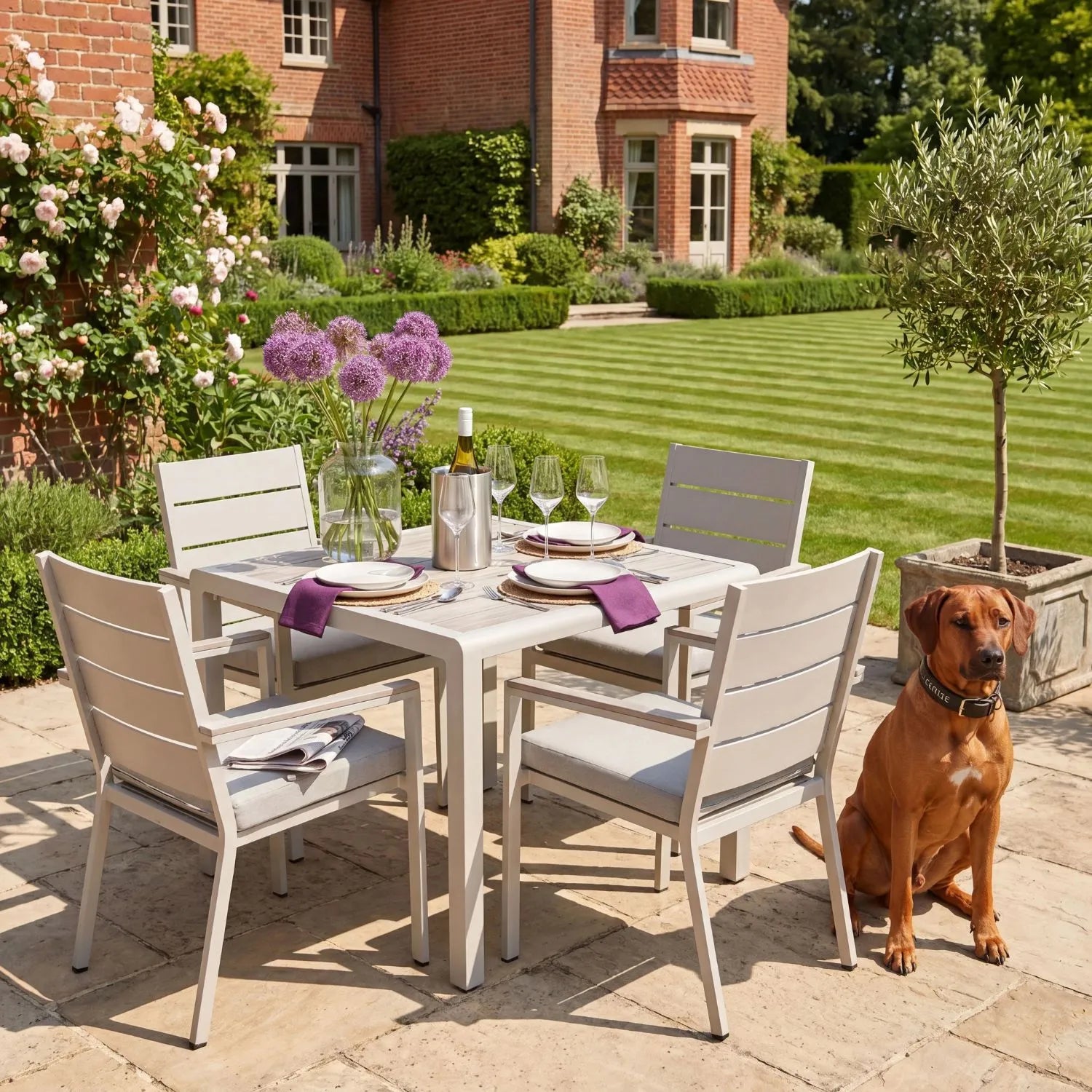Grey & Cream 4-Seater Outdoor Garden Dining Set with Cushions – Powder-Coated Aluminium Table & Chairs with Polywood Top 75x90x90cm – Square Patio Dining Set, Outdoor Table and Chairs Set with Stackable Armchairs, Light Grey Putty Olefin Cushions, Weather-Resistant Powder-Coated Aluminium Frame and Ash Grey Polywood Top for Gardens, Terraces, Courtyards & Balconies | Click Style