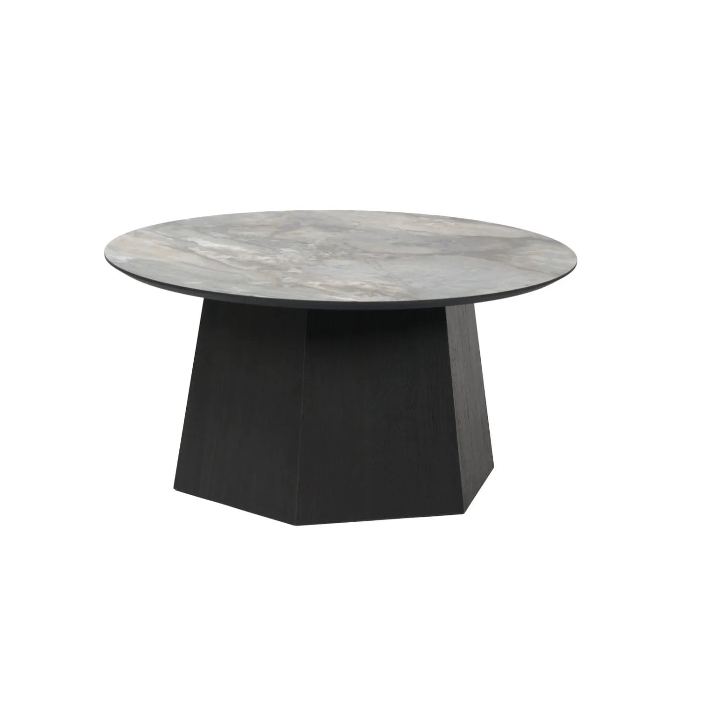 Grey Marble Effect Round Coffee Table with Stone Veneer Top & Dark Brown Pedestal Base – Contemporary Pedestal Coffee Table for Living Rooms 40x80x80cm with faceted pedestal base and marble-effect stone veneer top in grey, charcoal and cream veining | Click Style
