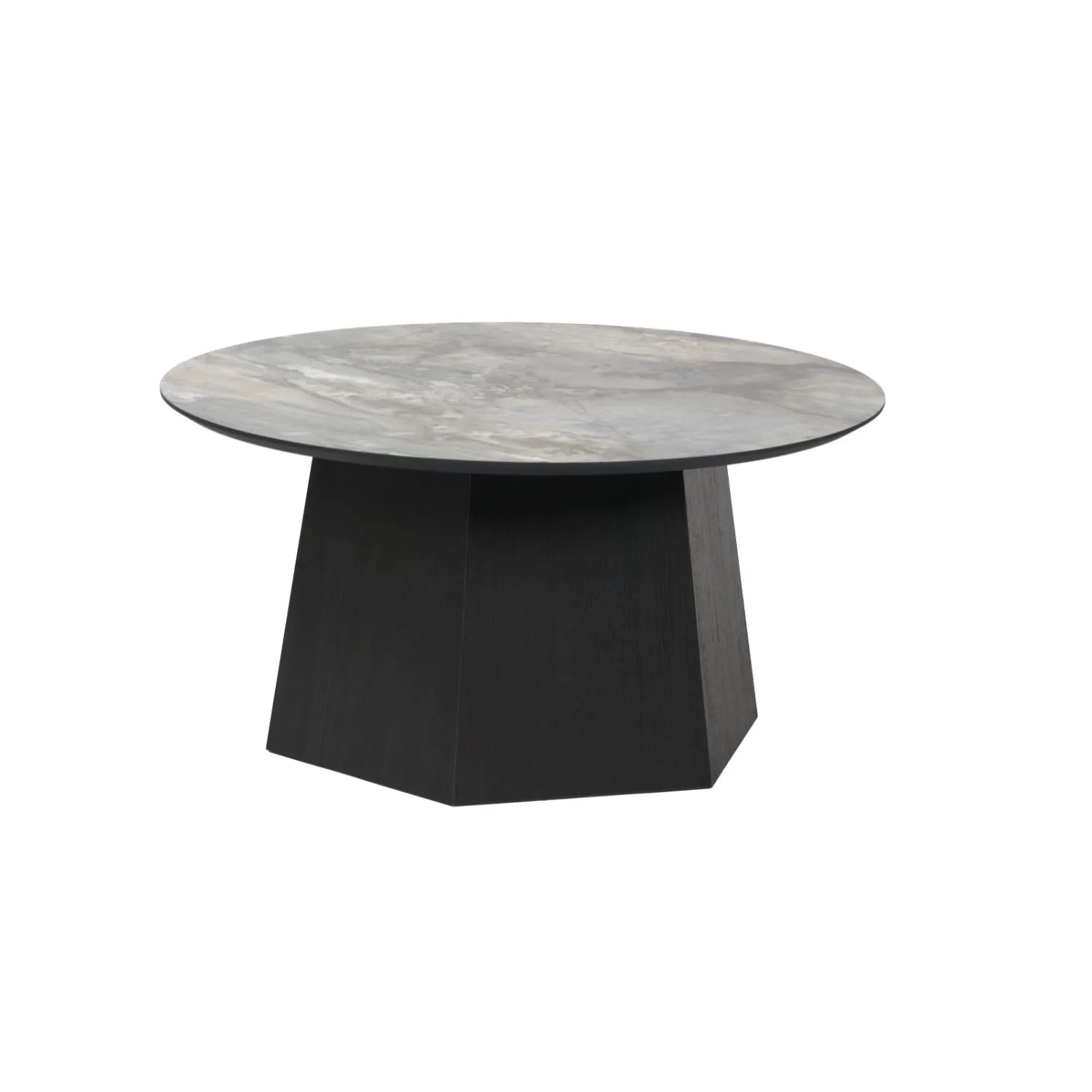 Grey Marble Effect Round Coffee Table with Stone Veneer Top & Dark Brown Pedestal Base – Contemporary Pedestal Coffee Table for Living Rooms 40x80x80cm with faceted pedestal base and marble-effect stone veneer top in grey, charcoal and cream veining | Click Style