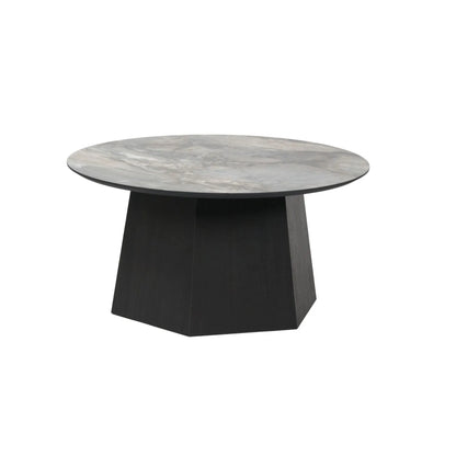 Grey Marble Effect Round Coffee Table with Stone Veneer Top & Dark Brown Pedestal Base – Contemporary Pedestal Coffee Table for Living Rooms 40x80x80cm with faceted pedestal base and marble-effect stone veneer top in grey, charcoal and cream veining | Click Style