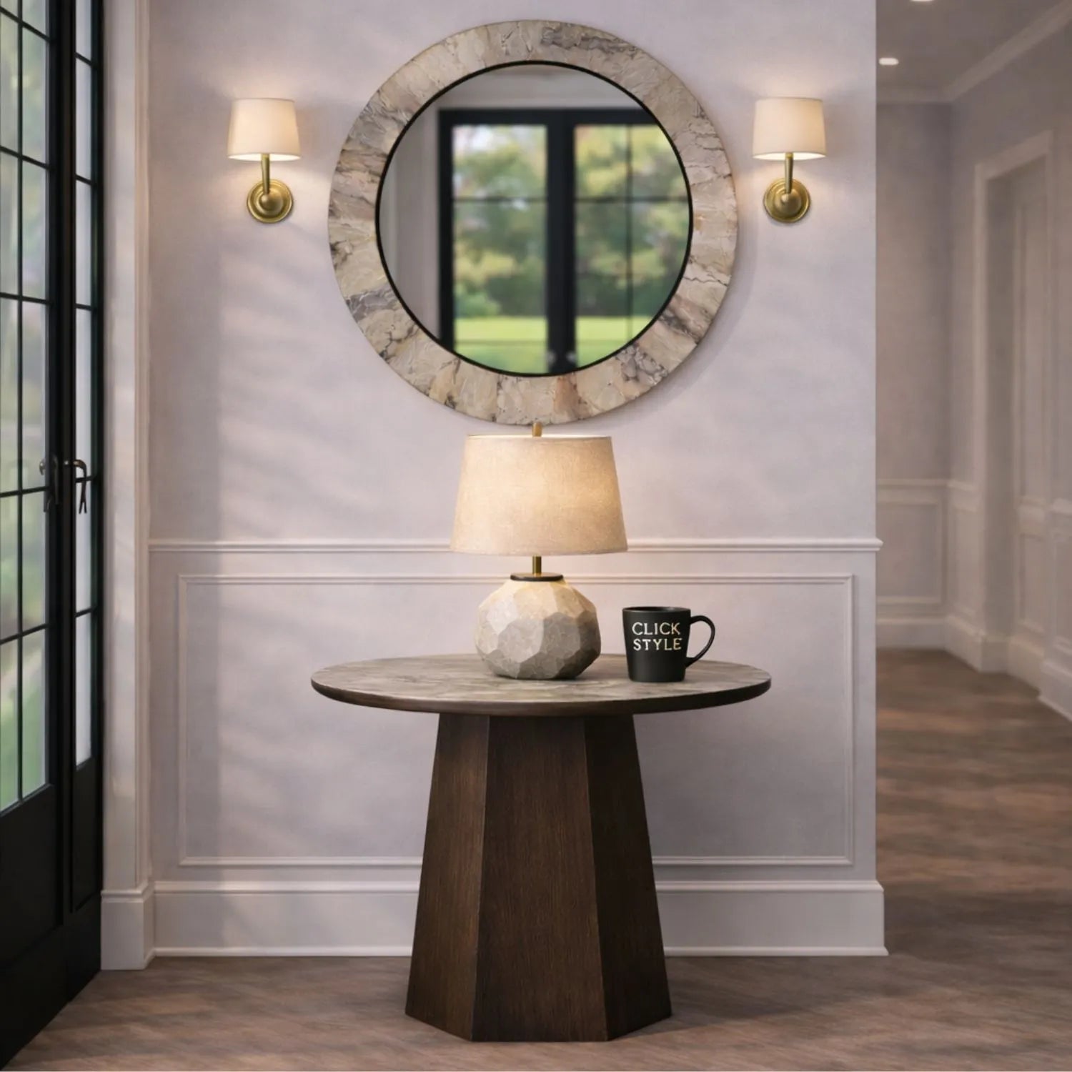 Grey Marble Effect Round Coffee Table with Stone Veneer Top & Dark Brown Pedestal Base – Contemporary Pedestal Coffee Table for Living Rooms 40x80x80cm with faceted pedestal base and marble-effect stone veneer top in grey, charcoal and cream veining | Click Style