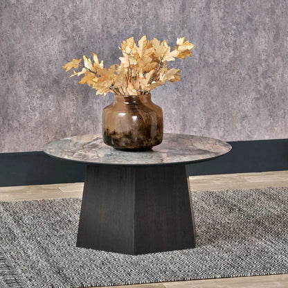 Grey Marble Effect Round Coffee Table with Stone Veneer Top & Dark Brown Pedestal Base – Contemporary Pedestal Coffee Table for Living Rooms 40x80x80cm with faceted pedestal base and marble-effect stone veneer top in grey, charcoal and cream veining | Click Style