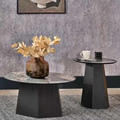 Grey Marble Effect Round Coffee Table with Stone Veneer Top & Dark Brown Pedestal Base – Contemporary Pedestal Coffee Table for Living Rooms 40x80x80cm with faceted pedestal base and marble-effect stone veneer top in grey, charcoal and cream veining | Click Style