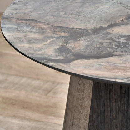 Grey Marble Effect Round Coffee Table with Stone Veneer Top & Dark Brown Pedestal Base – Contemporary Pedestal Coffee Table for Living Rooms 40x80x80cm with faceted pedestal base and marble-effect stone veneer top in grey, charcoal and cream veining | Click Style