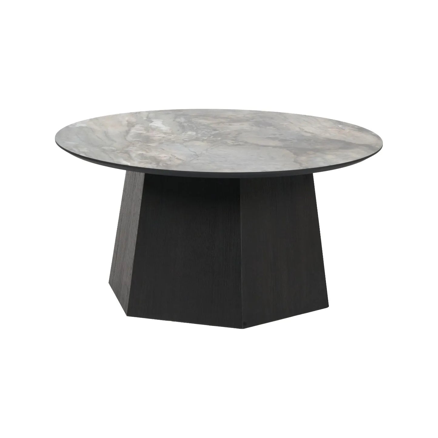 Grey Marble Effect Round Coffee Table with Stone Veneer Top & Dark Brown Pedestal Base – Contemporary Pedestal Coffee Table for Living Rooms 40x80x80cm with faceted pedestal base and marble-effect stone veneer top in grey, charcoal and cream veining | Click Style