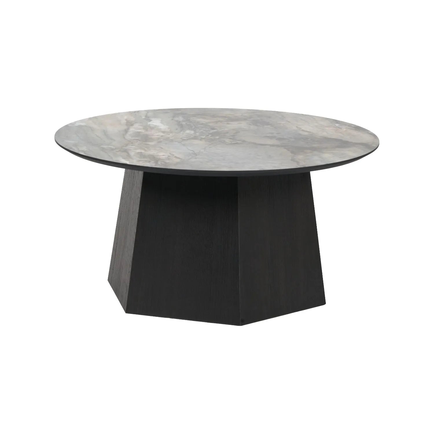 Grey Marble Effect Round Coffee Table with Stone Veneer Top & Dark Brown Pedestal Base – Contemporary Pedestal Coffee Table for Living Rooms 40x80x80cm with faceted pedestal base and marble-effect stone veneer top in grey, charcoal and cream veining | Click Style