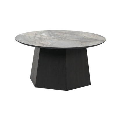 Grey Marble Effect Round Coffee Table with Stone Veneer Top & Dark Brown Pedestal Base – Contemporary Pedestal Coffee Table for Living Rooms 40x80x80cm with faceted pedestal base and marble-effect stone veneer top in grey, charcoal and cream veining | Click Style