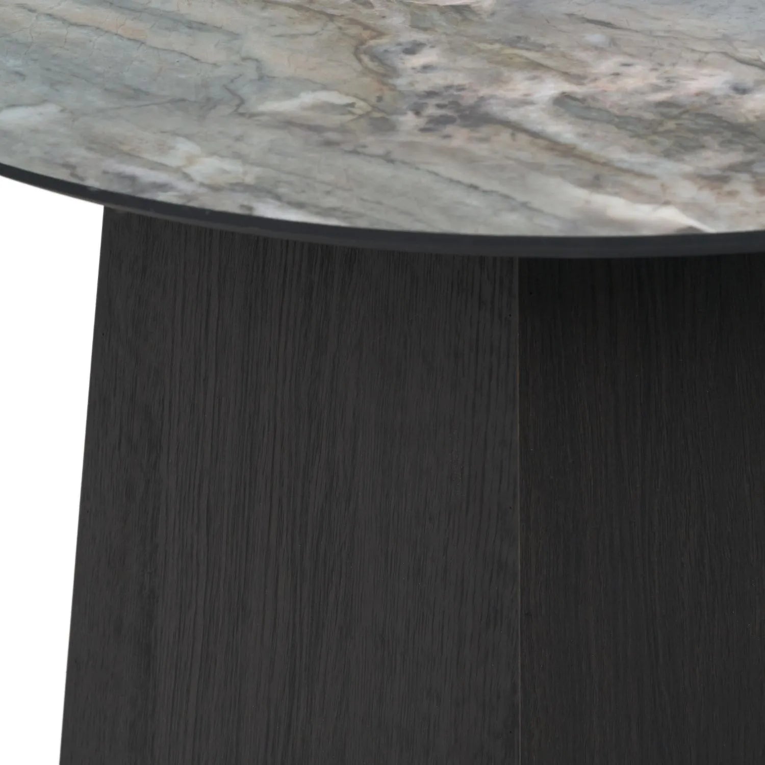 Grey Marble Effect Round Coffee Table with Stone Veneer Top & Dark Brown Pedestal Base – Contemporary Pedestal Coffee Table for Living Rooms 40x80x80cm with faceted pedestal base and marble-effect stone veneer top in grey, charcoal and cream veining | Click Style