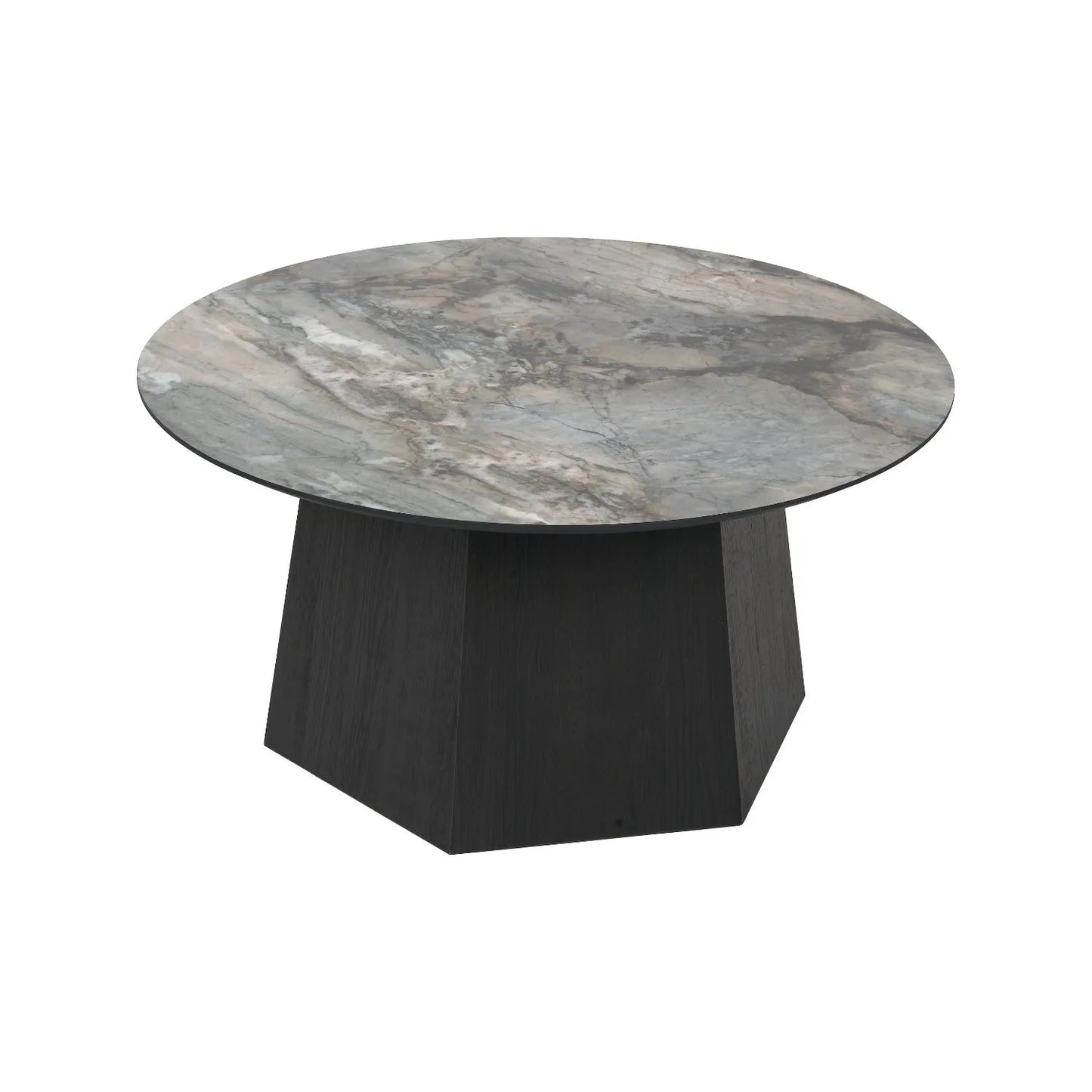 Grey Marble Effect Round Coffee Table with Stone Veneer Top & Dark Brown Pedestal Base – Contemporary Pedestal Coffee Table for Living Rooms 40x80x80cm with faceted pedestal base and marble-effect stone veneer top in grey, charcoal and cream veining | Click Style