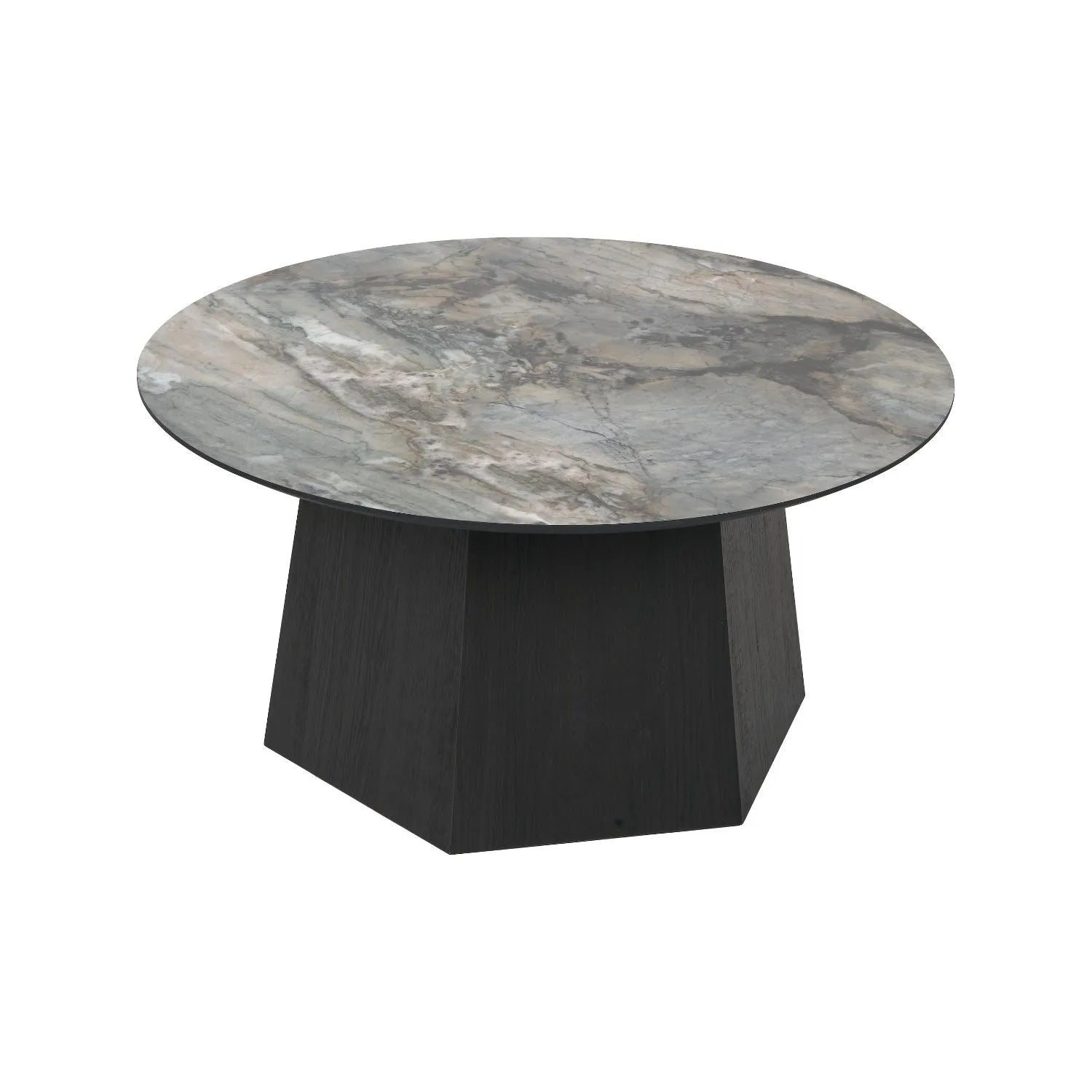 Grey Marble Effect Round Coffee Table with Stone Veneer Top & Dark Brown Pedestal Base – Contemporary Pedestal Coffee Table for Living Rooms 40x80x80cm with faceted pedestal base and marble-effect stone veneer top in grey, charcoal and cream veining | Click Style