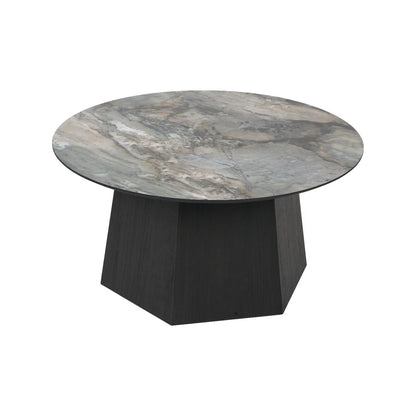 Grey Marble Effect Round Coffee Table with Stone Veneer Top & Dark Brown Pedestal Base – Contemporary Pedestal Coffee Table for Living Rooms 40x80x80cm with faceted pedestal base and marble-effect stone veneer top in grey, charcoal and cream veining | Click Style