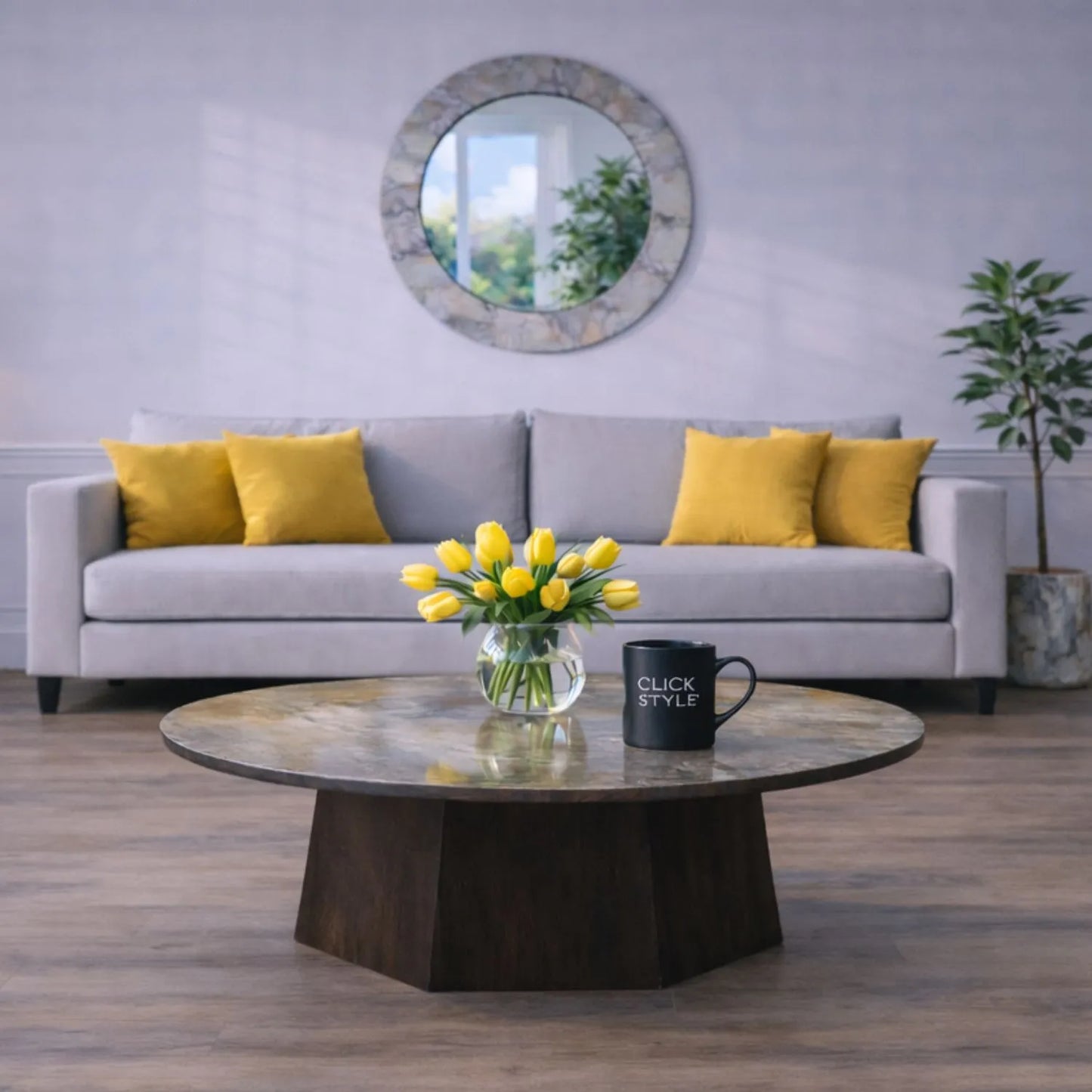 Grey Marble Effect Round Coffee Table with Stone Veneer Top & Dark Brown Pedestal Base – Contemporary Pedestal Coffee Table for Living Rooms 40x80x80cm with faceted pedestal base and marble-effect stone veneer top in grey, charcoal and cream veining | Click Style