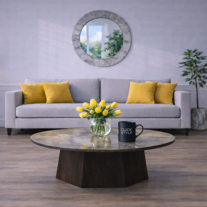 Grey Marble Effect Round Coffee Table with Stone Veneer Top & Dark Brown Pedestal Base – Contemporary Pedestal Coffee Table for Living Rooms 40x80x80cm with faceted pedestal base and marble-effect stone veneer top in grey, charcoal and cream veining | Click Style