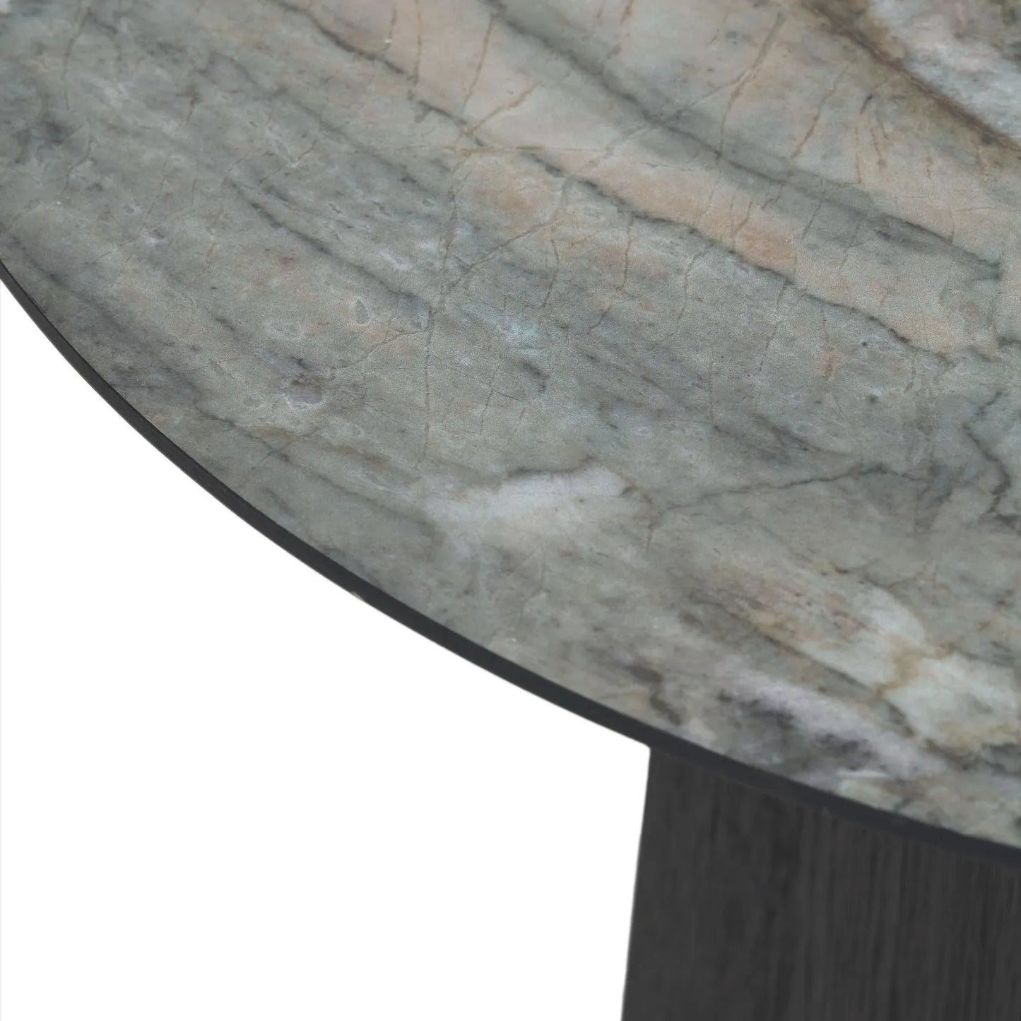 Grey Marble Effect Round Coffee Table with Stone Veneer Top & Dark Brown Pedestal Base – Contemporary Pedestal Coffee Table for Living Rooms 40x80x80cm with faceted pedestal base and marble-effect stone veneer top in grey, charcoal and cream veining | Click Style