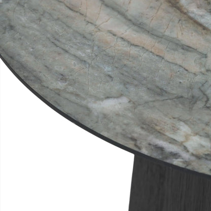 Grey Marble Effect Round Coffee Table with Stone Veneer Top & Dark Brown Pedestal Base – Contemporary Pedestal Coffee Table for Living Rooms 40x80x80cm with faceted pedestal base and marble-effect stone veneer top in grey, charcoal and cream veining | Click Style