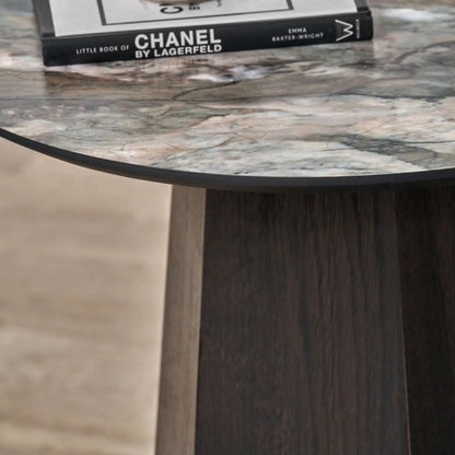 Grey Marble Effect Round Side Table with Stone Veneer Top & Dark Brown Pedestal Base – Contemporary Decorative Accent Table 55x50x50cm with faceted pedestal base and marble-effect stone veneer top in grey, charcoal and cream veining | Click Style